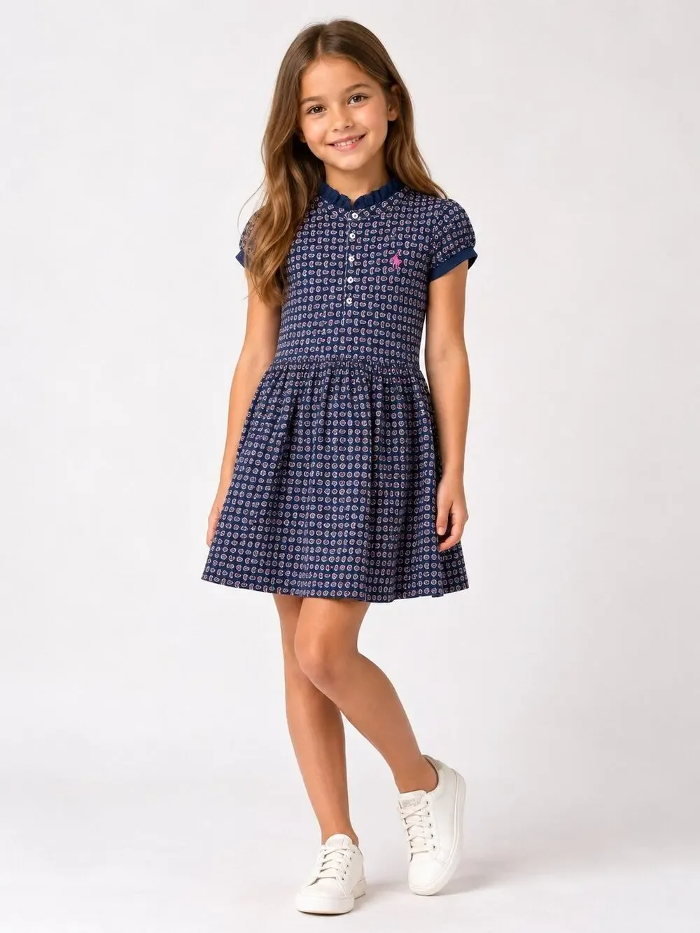 RALPH LAUREN Girls Dress Navy Blue Pink Paisley Ruffle Pony Logo Puff Sleeve 6
